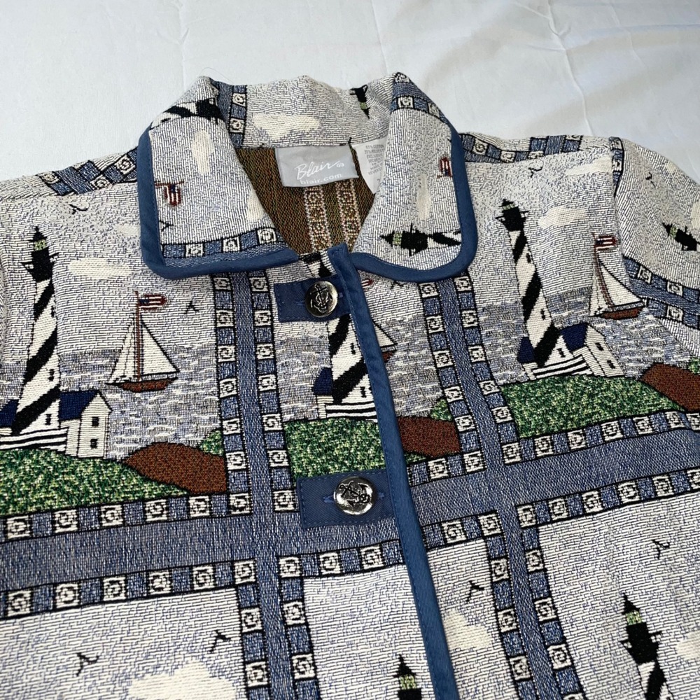 Blair Lighthouse Tapestry Jacket Womens Large Nautical Sailboat Chore Coat‎ Blue